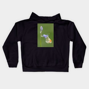 Orange Tip on a Bluebell with green background Kids Hoodie